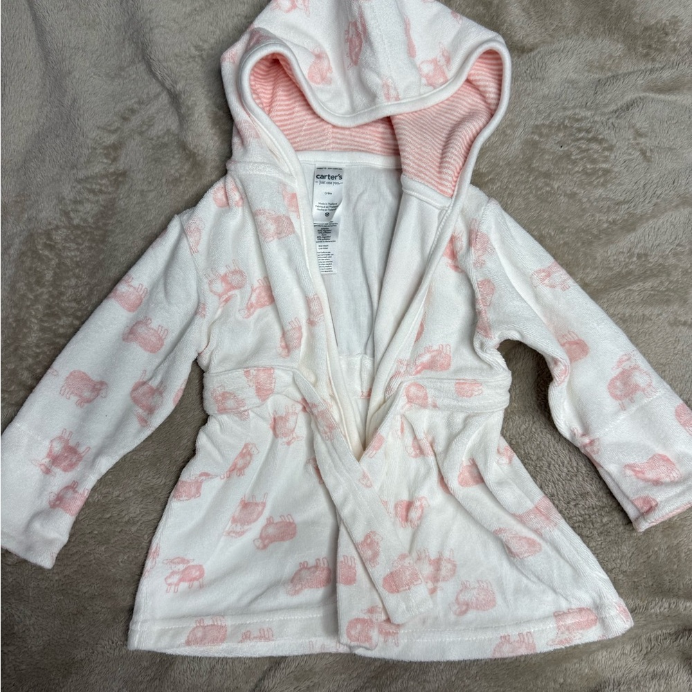 Carter's White and Pink Elephant Hooded Baby Bathrobe